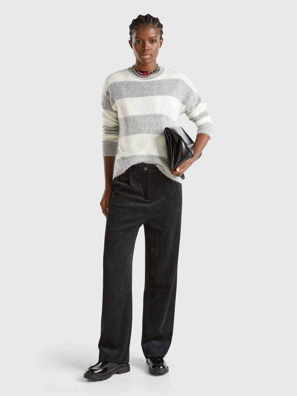 Benetton Grey White Wide Stripe Soft Alpaca Blend Crewneck Sweater womens XL